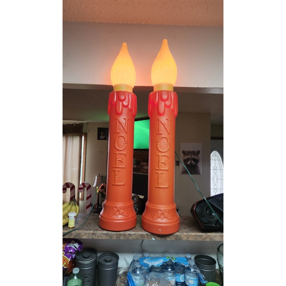 Vtg "NOEL" Pair Of 2 Blow Mold Christmas Candles Poinsettia Base 40"X8" Works